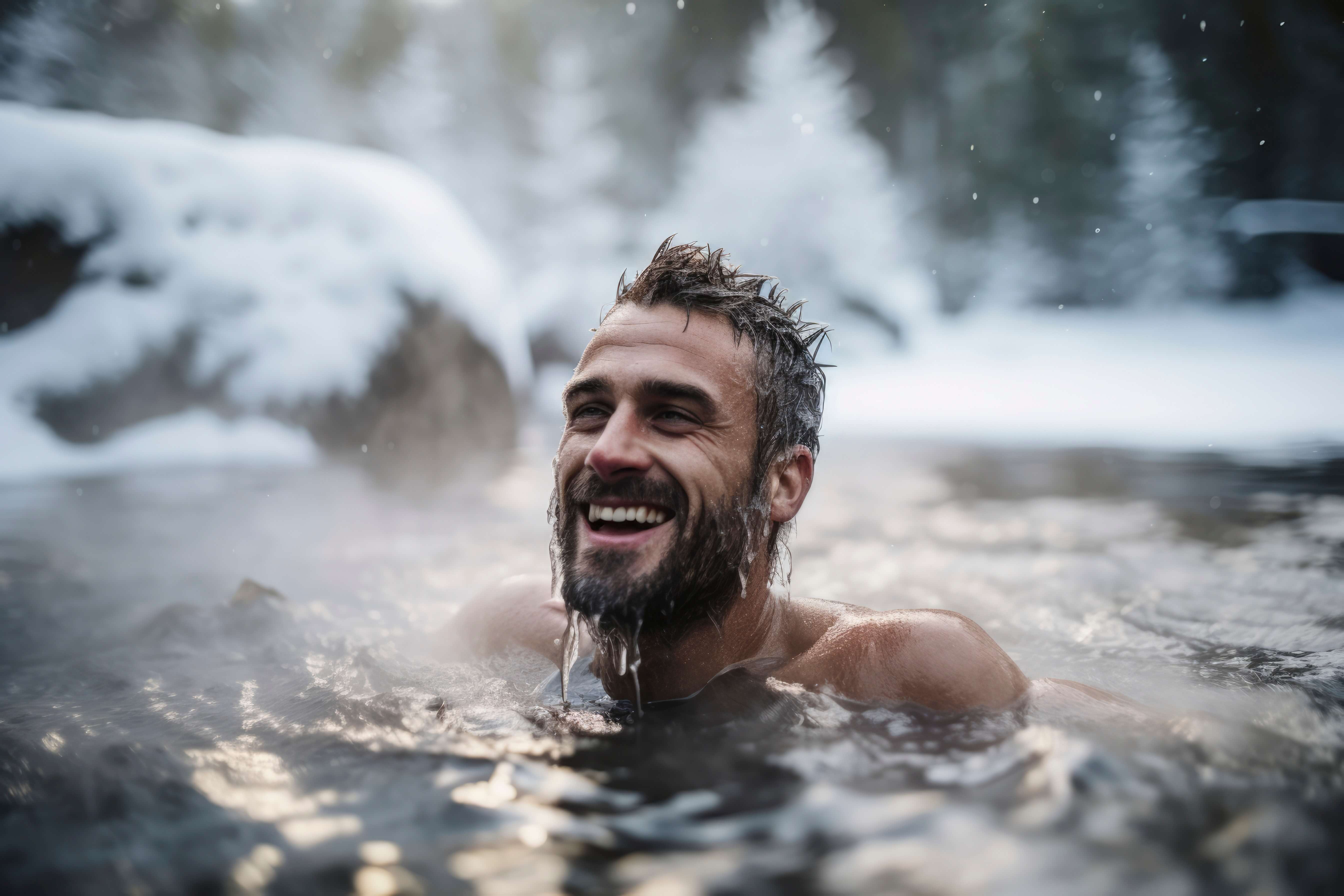 A man joyfully emerges from a natural cold spring surrounded by snowy landscape, water droplets dripping from his beard.