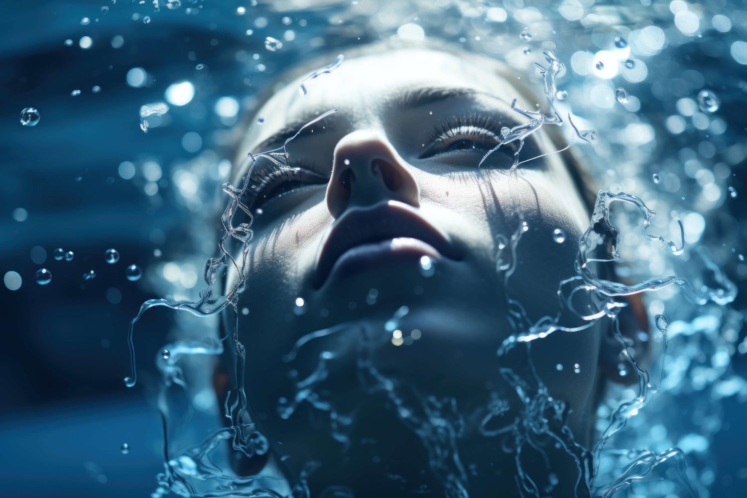 Close-up of a woman's face partially submerged in water, with water droplets suspended around her, highlighting a moment of tranquility and clarity.