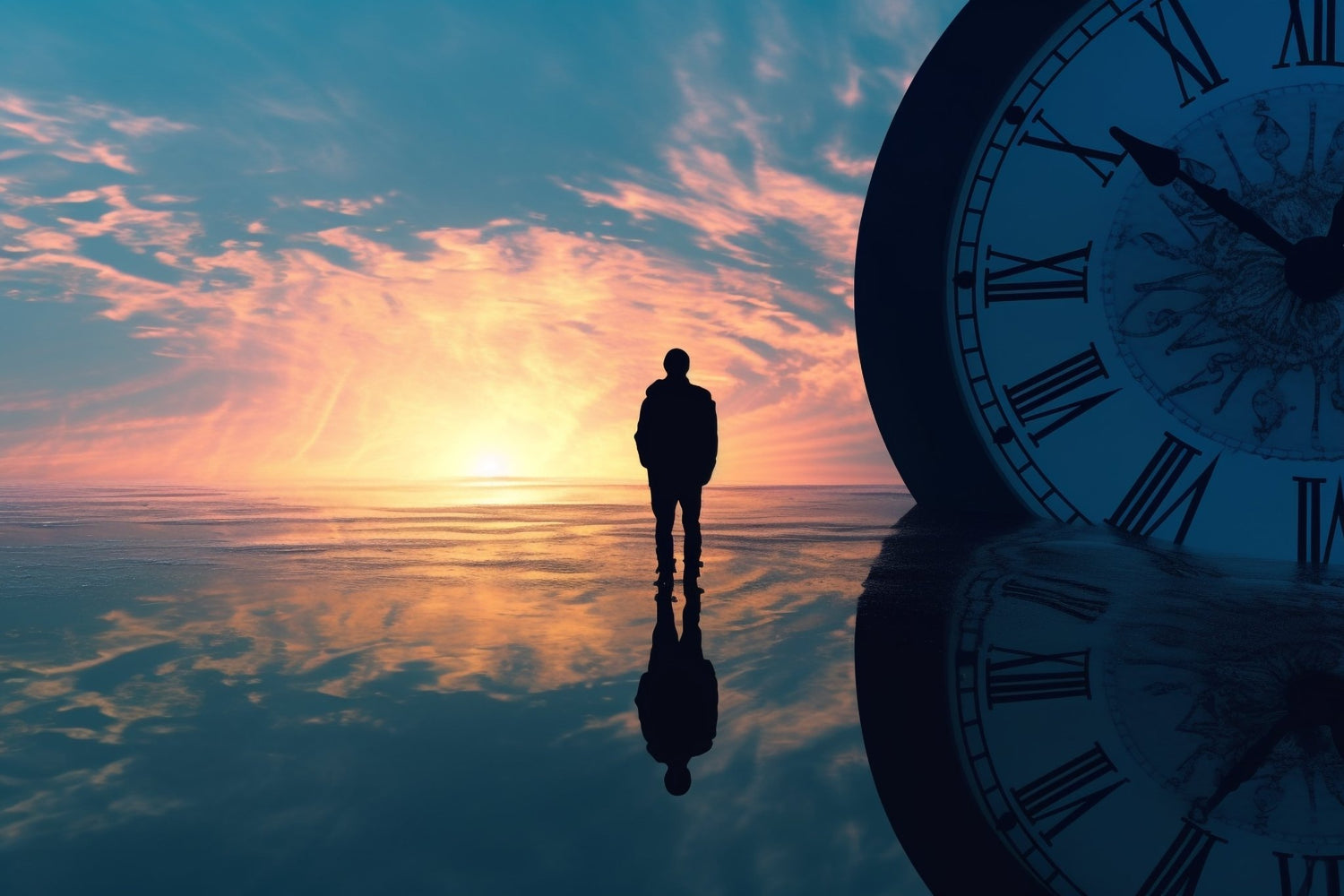 A silhouette of a man stands near giant, surreal clock faces on a reflective water surface under a vibrant sunset.